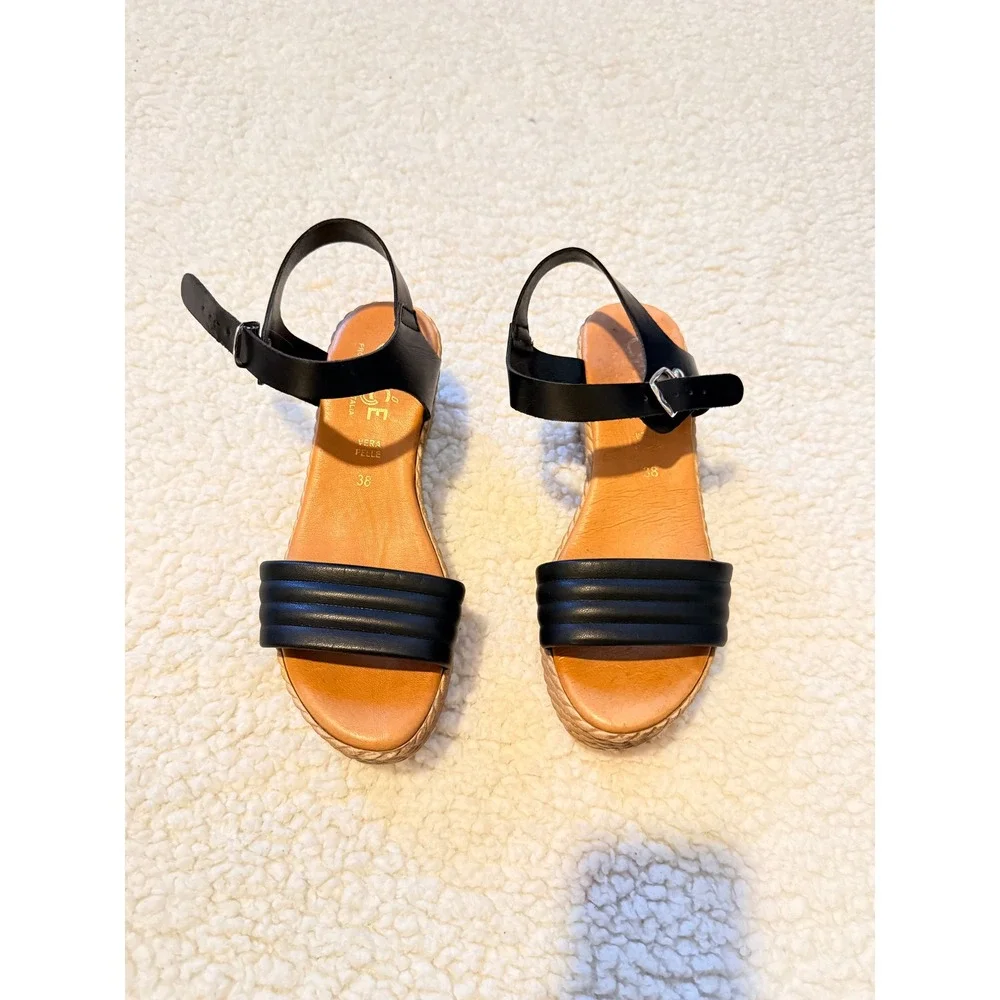 ONGE Black Italian Leather Platform Espadrille Wedge Sandals Vera Pelle Size 38